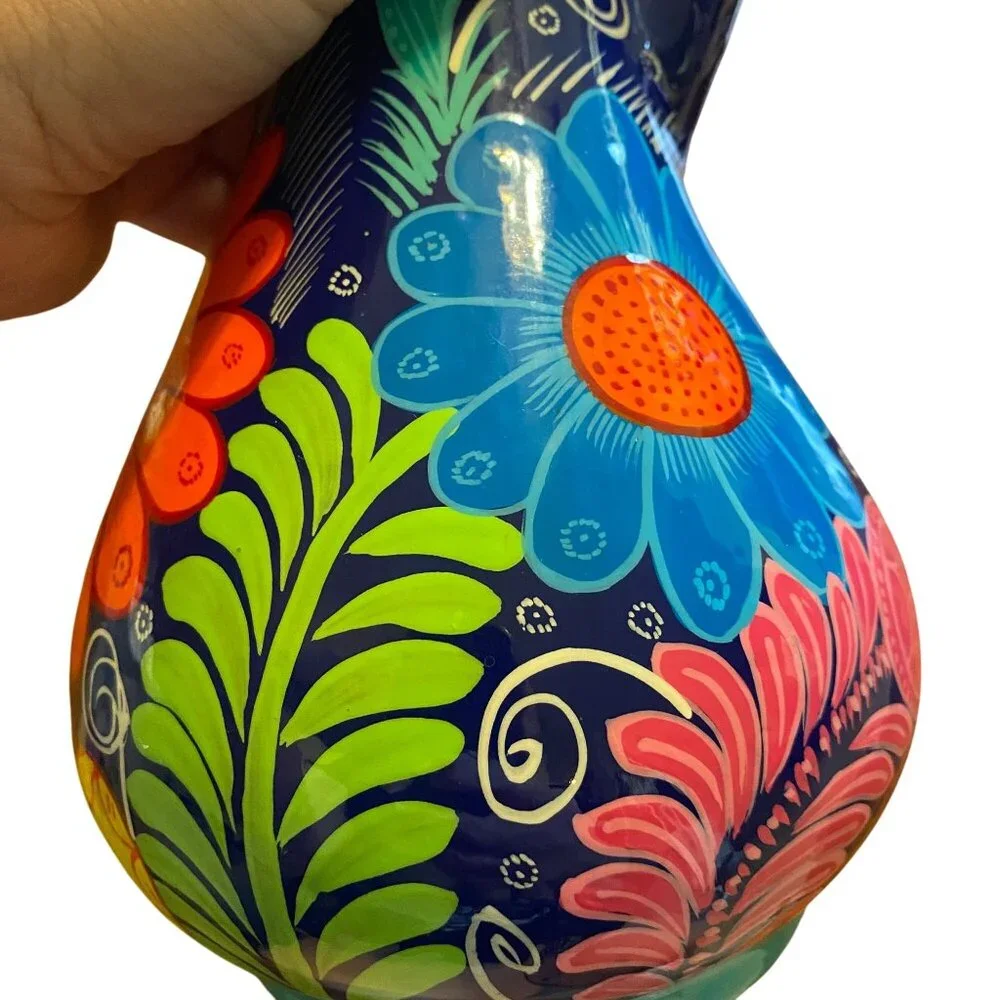 Terracotta hand-painted floral‎ jug bright boho unique clay flowers, Mexican